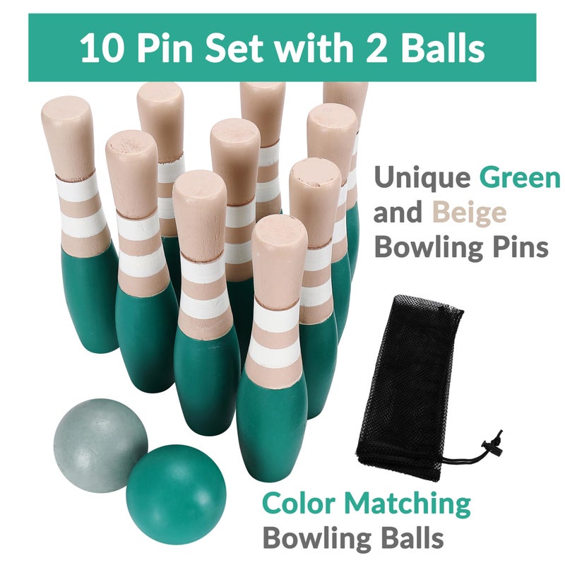 Sterling Sports Wooden Lawn Bowling 9" Skittles Set with Carrying Mesh Bag for Indoors and Outdoors - 10 Wooden Pins and 2 Balls, Green/Turquoise and Gray - Image 5